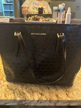Michael Kors Black Glossy MK Signature Tote with Gold Hardware